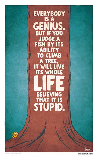 "Everybody is a genius. But if you judge a fish by its ability to climb a tree, it will spend its entire life believing it is stupid." - Albert Einstein "Everybody is a genius. But if you judge a fish by its ability to climb a tree, it will spend its entire life believing it is stupid." - Albert Einstein